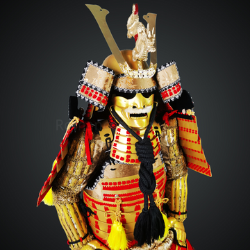 Maeda Toshiie Gold Samurai Armor Oyoroi Style Dragon Maedate Golden Scales With Red Cords on Sode & Haidate